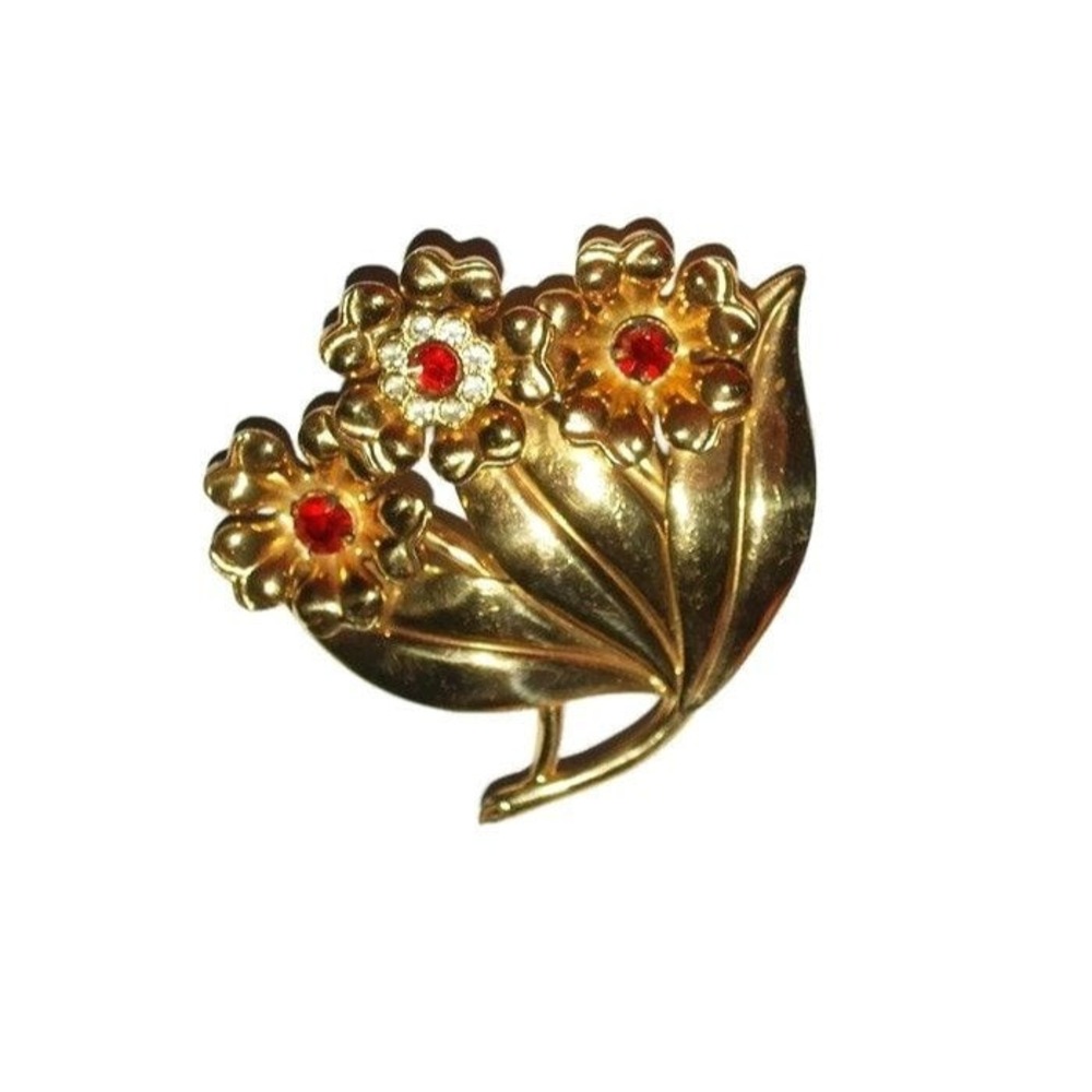 Sterling‎ Silver Flower Brooch Red Rhinestones Gold Vermeil Pin
